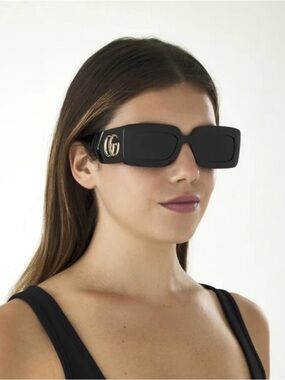 Gucci Black Rectangular Sunglasses with Gold GG Logo